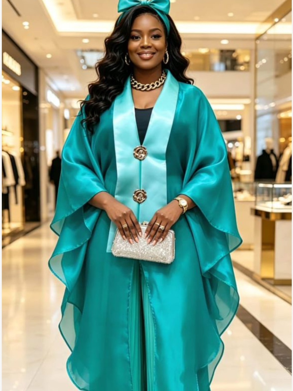 Elegant Teal Satin Cape Coat with Gold Accents - Women Accessories